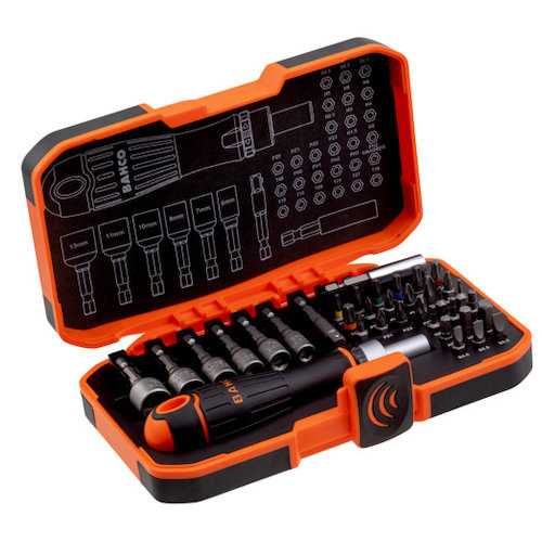 Bahco Cırcırlı Tornavida Tutuculu Somun Anahtarları ve Yuvalı/Phillips/Pozidriv/TORX®/Altıgen Uçlar için 1/4 inç Ağır Hizmet Tipi Uç Seti - 36 Parça
