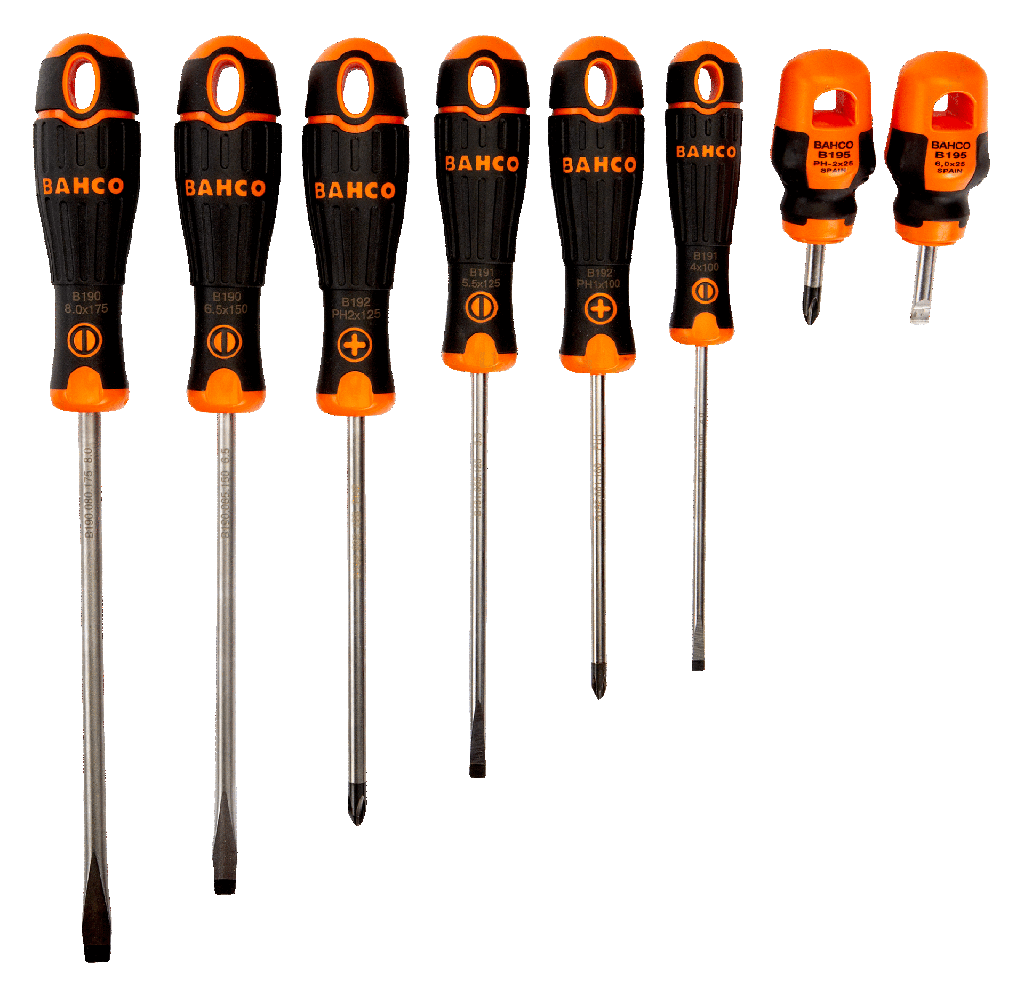 Bahco BahcoFit Tornavida seti, 8 parça. Düz ve Phillips vidalar için