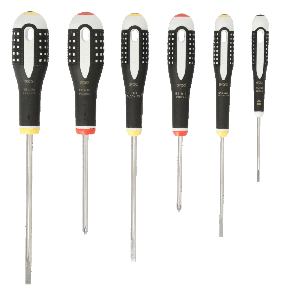 ERGO™  paslanmaz çelik tornavida seti, 6 parça. Düz ve Phillips başlı vidalar için