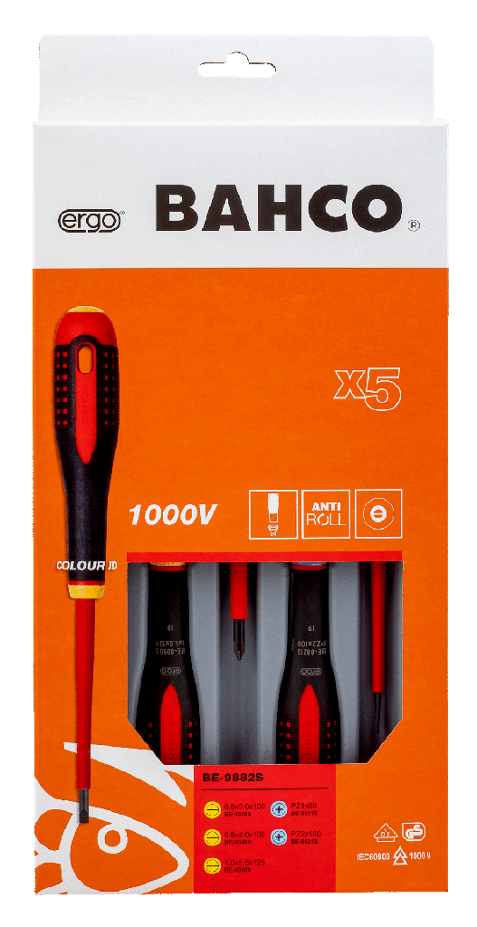 Bahco 1000V Ergo tornavida seti, 5 parça. Oluklu: 0.5-0.8-1 and Pozidriv 1 - 2
