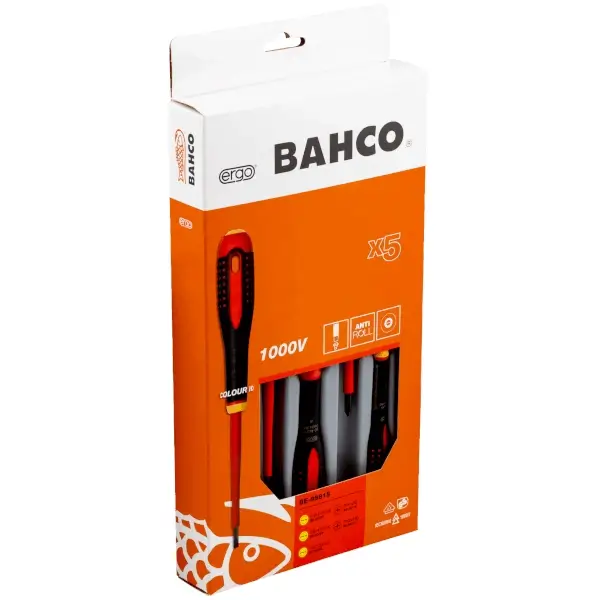 [BE-9881S] Bahco 1000V Ergo tornavida seti, 5 parça. Oluklu: 0.5-0.8-1 and Phillips 1 & 2
